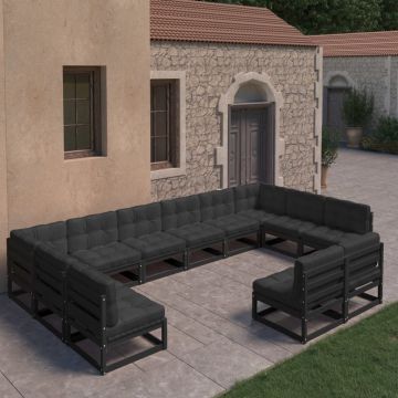 vidaXL Set mobilier grădină perne, 12 piese, negru, lemn masiv pin