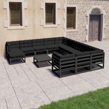 vidaXL Set mobilier grădină perne, 13 piese, negru, lemn masiv pin