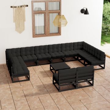 vidaXL Set mobilier grădină perne, 13 piese, negru, lemn masiv pin