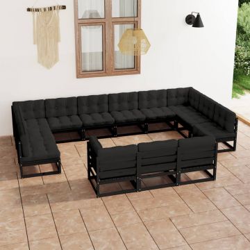 vidaXL Set mobilier grădină perne, 13 piese, negru, lemn masiv pin
