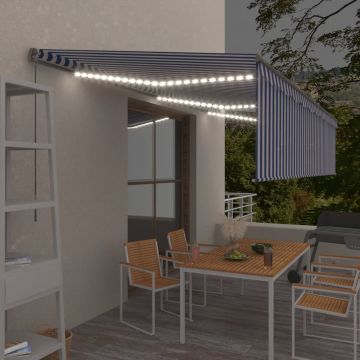 vidaXL Copertină retractabilă manual cu stor&LED, albastru&alb, 6x3 m