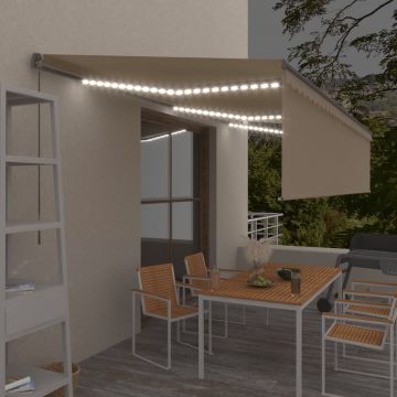 vidaXL Copertină retractabilă manual cu stor&LED, crem, 6x3 m