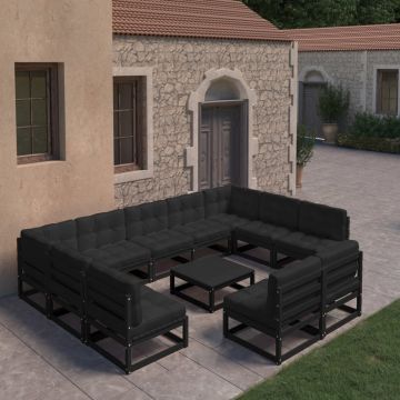 vidaXL Set mobilier grădină cu perne, 10 piese, negru, lemn masiv pin