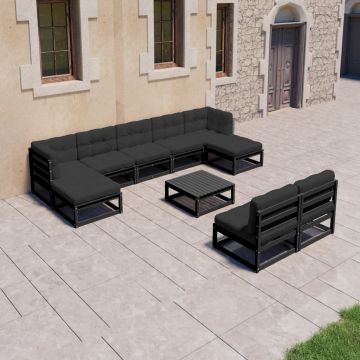 vidaXL Set mobilier grădină cu perne, 10 piese, negru, lemn masiv pin