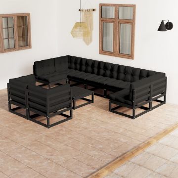 vidaXL Set mobilier grădină cu perne, 10 piese, negru, lemn masiv pin