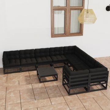 vidaXL Set mobilier grădină cu perne, 10 piese, negru, lemn masiv pin