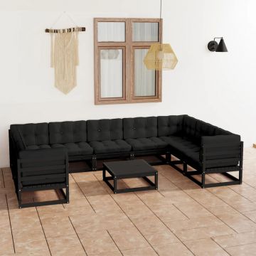 vidaXL Set mobilier de grădină cu perne10 piese, negru, lemn masiv pin