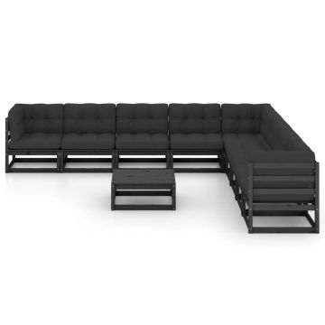 vidaXL Set mobilier de grădină cu perne10 piese, negru, lemn masiv pin