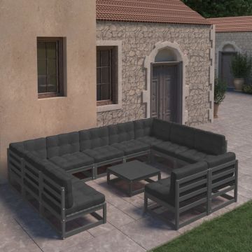 vidaXL Set mobilier de grădină cu perne12 piese, negru, lemn masiv pin