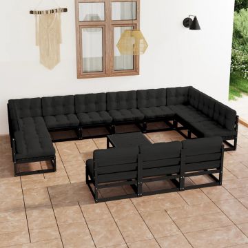 vidaXL Set mobilier grădină cu perne, 14 piese, negru, lemn masiv pin