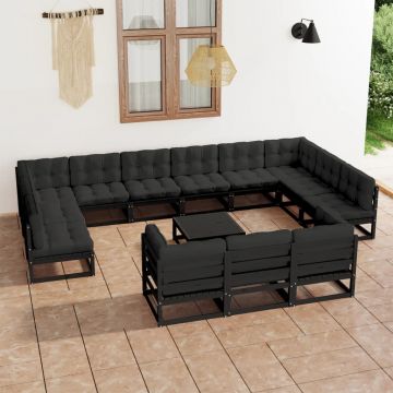 vidaXL Set mobilier grădină cu perne, 14 piese, negru, lemn masiv pin