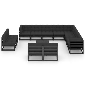 vidaXL Set mobilier de grădină cu perne14 piese, negru, lemn masiv pin