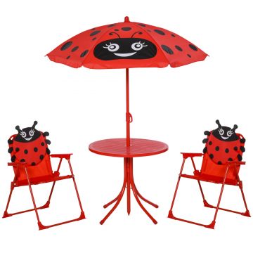 Outsunny Set masă de grădină cu 2 scaune pliabile, masă și scaune pentru copii în aer liber cu umbrelă din metal și poliester, roșu | Aosom Romania