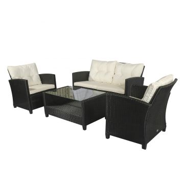 Outsunny Set mobilier Gradina 4 bucati din PE Rattan si Masuta, Canapea si Fotolii Tapitate Negru si Bej 124x68x76cm