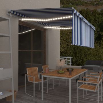 vidaXL Copertină automată cu stor&senzor vânt&LED, albastru&alb, 4x3 m