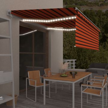 vidaXL Copertină automată cu stor&senzor vânt&LED portocaliu&maro 4x3m