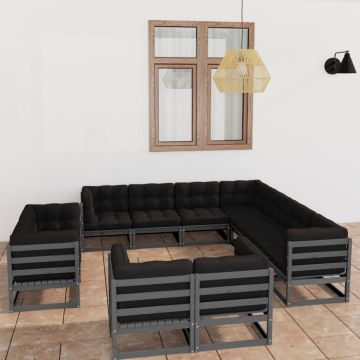 vidaXL Set mobilier grădină cu perne, 11 piese, gri, lemn masiv de pin