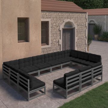 vidaXL Set mobilier grădină cu perne, 13 piese, gri, lemn masiv de pin