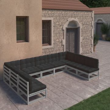vidaXL Set mobilier grădină cu perne, 9 piese, gri, lemn masiv de pin