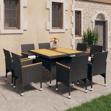 vidaXL Set mobilier de grădină, 9 piese, negru, poliratan/lemn acacia