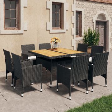 vidaXL Set mobilier grădină, 9 piese, negru, poliratan și lemn acacia