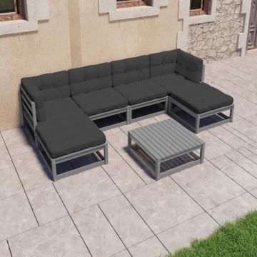 vidaXL Set mobilier de grădină cu perne, 7 piese, gri, lemn masiv pin