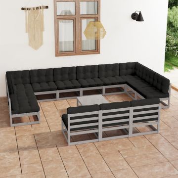 vidaXL Set mobilier grădină cu perne, 14 piese, gri, lemn masiv de pin