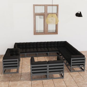 vidaXL Set mobilier de grădină cu perne,12 piese,gri,lemn masiv de pin