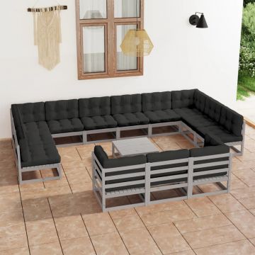 vidaXL Set mobilier grădină cu perne, 14 piese, gri, lemn masiv de pin