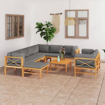 vidaXL Set mobilier grădină cu perne gri, 10 piese, lemn masiv de tec