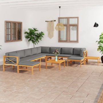 vidaXL Set mobilier grădină cu perne gri, 12 piese, lemn masiv de tec