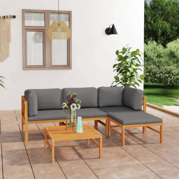 vidaXL Set mobilier grădină cu perne gri, 5 piese, lemn masiv de tec