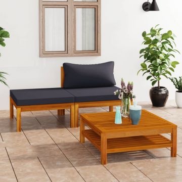 vidaXL Set mobilier grădină perne gri închis, 3 piese, lemn acacia