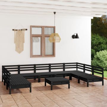 vidaXL Set mobilier relexare grădină, 10 piese, negru, lemn masiv pin