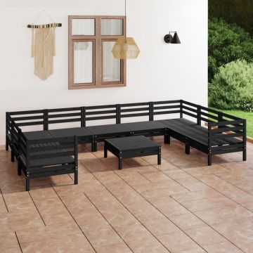 vidaXL Set mobilier relexare grădină, 10 piese, negru, lemn masiv pin