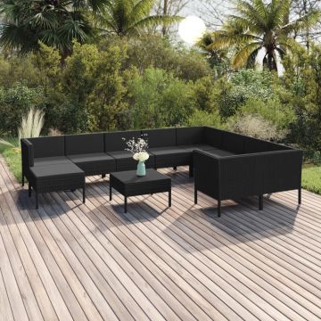 vidaXL Set mobilier de grădină cu perne, 11 piese, negru, poliratan