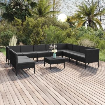 vidaXL Set mobilier de grădină cu perne, 11 piese, negru, poliratan