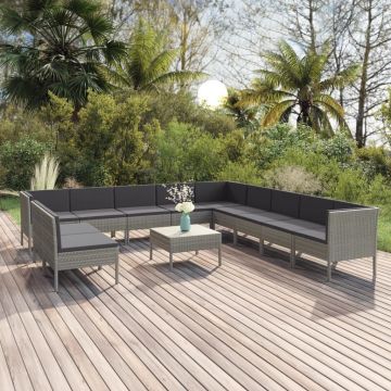 vidaXL Set mobilier de grădină cu perne, 12 piese, gri, poliratan