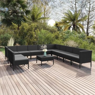 vidaXL Set mobilier de grădină cu perne, 12 piese, negru, poliratan