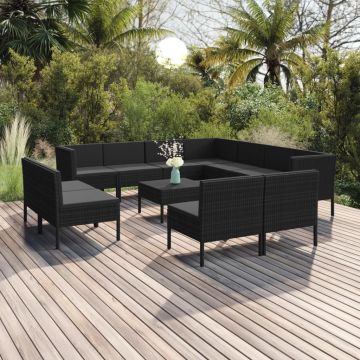 vidaXL Set mobilier de grădină cu perne, 12 piese, negru, poliratan