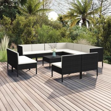 vidaXL Set mobilier de grădină cu perne, 12 piese, negru, poliratan