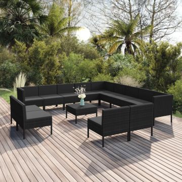 vidaXL Set mobilier de grădină cu perne, 14 piese, negru, poliratan