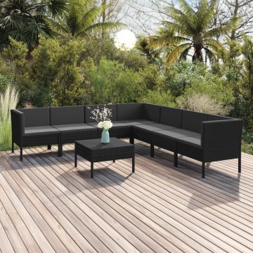 vidaXL Set mobilier de grădină cu perne, 8 piese, negru, poliratan