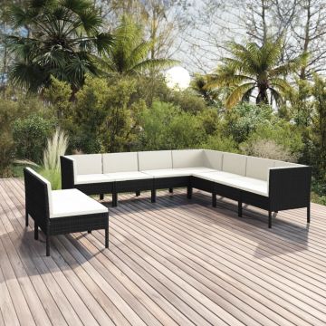 vidaXL Set mobilier de grădină cu perne, 9 piese, negru, poliratan