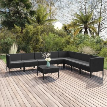 vidaXL Set mobilier de grădină cu perne, 9 piese, negru, poliratan