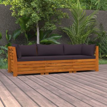 vidaXL Canapea de grădină cu 3 locuri, cu perne, lemn masiv de acacia