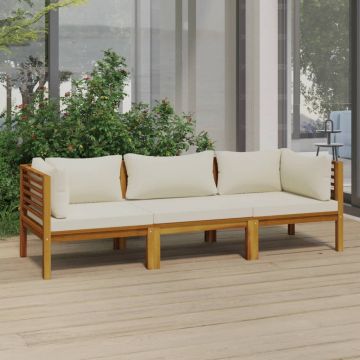 vidaXL Canapea de grădină cu 3 locuri, perne crem, lemn masiv acacia