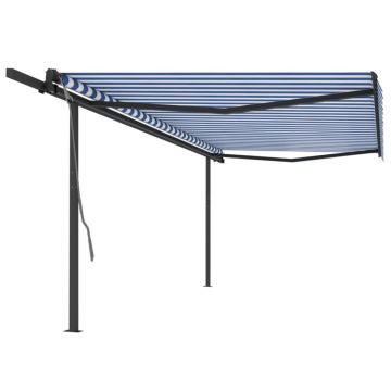 vidaXL Copertină retractabilă automat, cu stâlpi, albastru&alb, 5x3 m