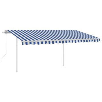 vidaXL Copertină retractabilă automat, stâlpi, albastru&alb, 4,5x3,5 m