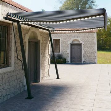 vidaXL Copertină retractabilă manual, cu LED, albastru & alb 4,5x3 m vidaXL Copertină retractabilă manual, cu LED, albastru & alb 4,5x3 m
